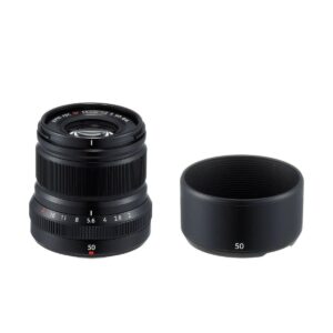 XF_50_f2_black_4 Fujifilm Fujinon XF 50mm f/2 R WR lens, black is shown together with a matching hood, both with "50" in white text against a white background. The black lens shows the manual focus and aperture rings.