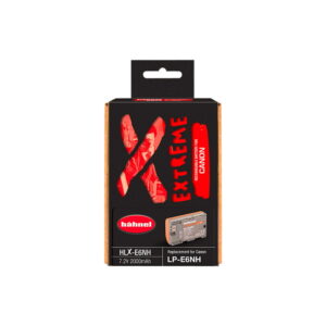 Pakkaus Hähnel Extreme HLX-E6NH 2400mAh kamera-akku, korvaava akku Canon LP-E6NH:lle, rohkeassa punamustassa pakkauksessa.