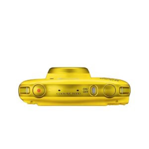 nikon_w100_yellow5 Nikon W100 - Keltainen kamera on esitetty ylhäältäpäin, ja sen virta-, laukaisu- ja videon tallennuspainikkeet sekä mallin etiketti on korostettu valkoisella pohjalla.