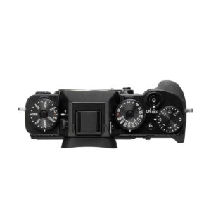 xt2_1 Fujifilm X-T2 -digitaalikameran ylhäältä katsottuna säätimet ja painikkeet suljinnopeudelle, ISO:lle, valotuksen kompensoinnille, on/off-kytkin ja keskimmäinen kuumakenkäkiinnitys.