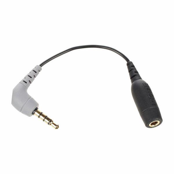 rode_sc4 The Rode SC4 adapter is a black audio adapter cable with a rectangular 3.5 mm male plug at one end and a straight 3.5 mm female plug at the other, connected by a short flexible cable.