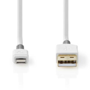 nedis_usb_apple_lightning_01 Nedis Apple Lightning - USB A, 1m cable is a white cable with USB A and Lightning connectors, both facing forward on a white background.