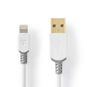 Nedis Apple Lightning to USB A, 1m cable is a white cable with USB A and Lightning connectors and grey reinforced plastic near the ends against a white background.