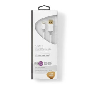 nedis_usb_apple_lightning_03 White Nedis Apple Lightning to USB A cable in a retail box with USB A to Lightning connectors, 1 meter length and compatibility with iPhone, iPad and iPod.