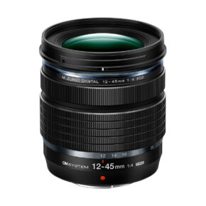 om_system_12-45mm_f4_pro Black OM System M.zuiko Digital 12-45mm f/4 Pro lens with textured grip, blue accent ring and clear white and orange markings on a white background.