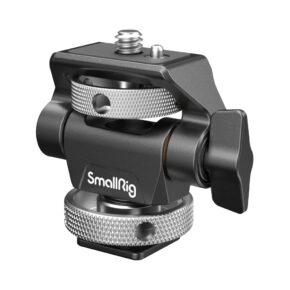 smallrig_2905B_01 SmallRig 2905 Swivel and Tilt Adjustable Monitor Mount Cold Shoe-Mount on musta-hopea kameran lisävaruste, jossa on nuppi ja kiinnitysruuvi ja joka on suunniteltu monitorien tai valojen kiinnittämiseen kameroihin.