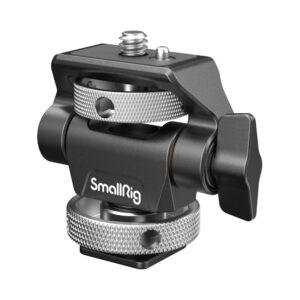 SmallRig 2905 Swivel and Tilt Adjustable Monitor Mount Cold Shoe-Mount on musta-hopea kameran lisävaruste, jossa on nuppi ja kiinnitysruuvi ja joka on suunniteltu monitorien tai valojen kiinnittämiseen kameroihin.