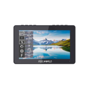 feelworld_f5_pro_v4_01 Feelworld F5 PRO V4 6" -monitori näyttää maisemakuvan järveen heijastuvista lumihuippuisista vuorista, ja näytön vasemmalla puolella näkyy kiinalainen käyttöliittymä ja asetuskuvakkeet.