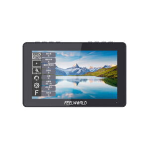 feelworld_f5_pro_v4_01 Feelworld F5 PRO V4 6" -monitori näyttää maisemakuvan järveen heijastuvista lumihuippuisista vuorista, ja näytön vasemmalla puolella näkyy kiinalainen käyttöliittymä ja asetuskuvakkeet.