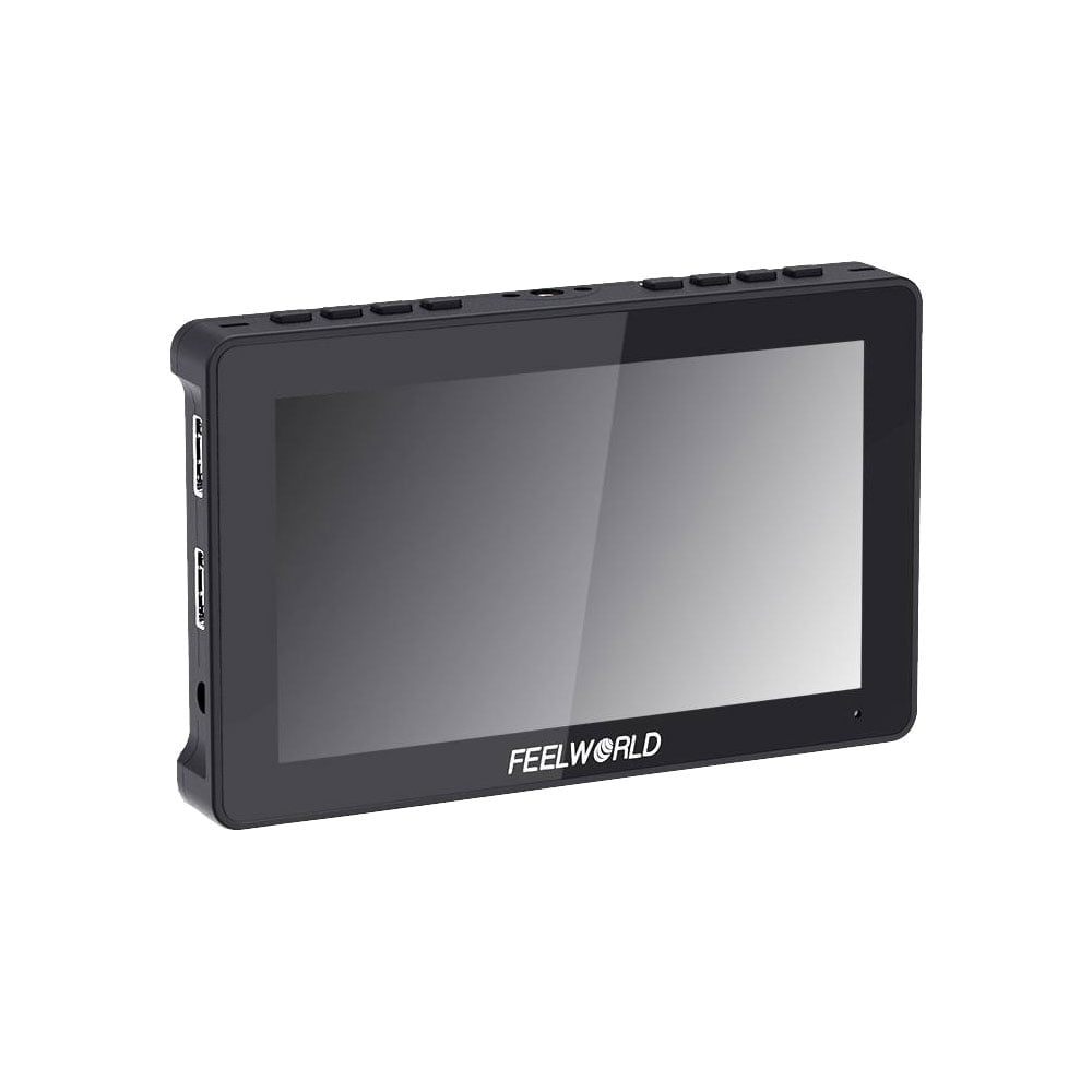 feelworld_f5_pro_v4_02 Musta suorakaiteen muotoinen Feelworld F5 PRO V4 6" -näyttö, jossa on laajakuvanäyttö, useita painikkeita yläreunassa ja syöttöportit sivuilla, valkoista taustaa vasten.