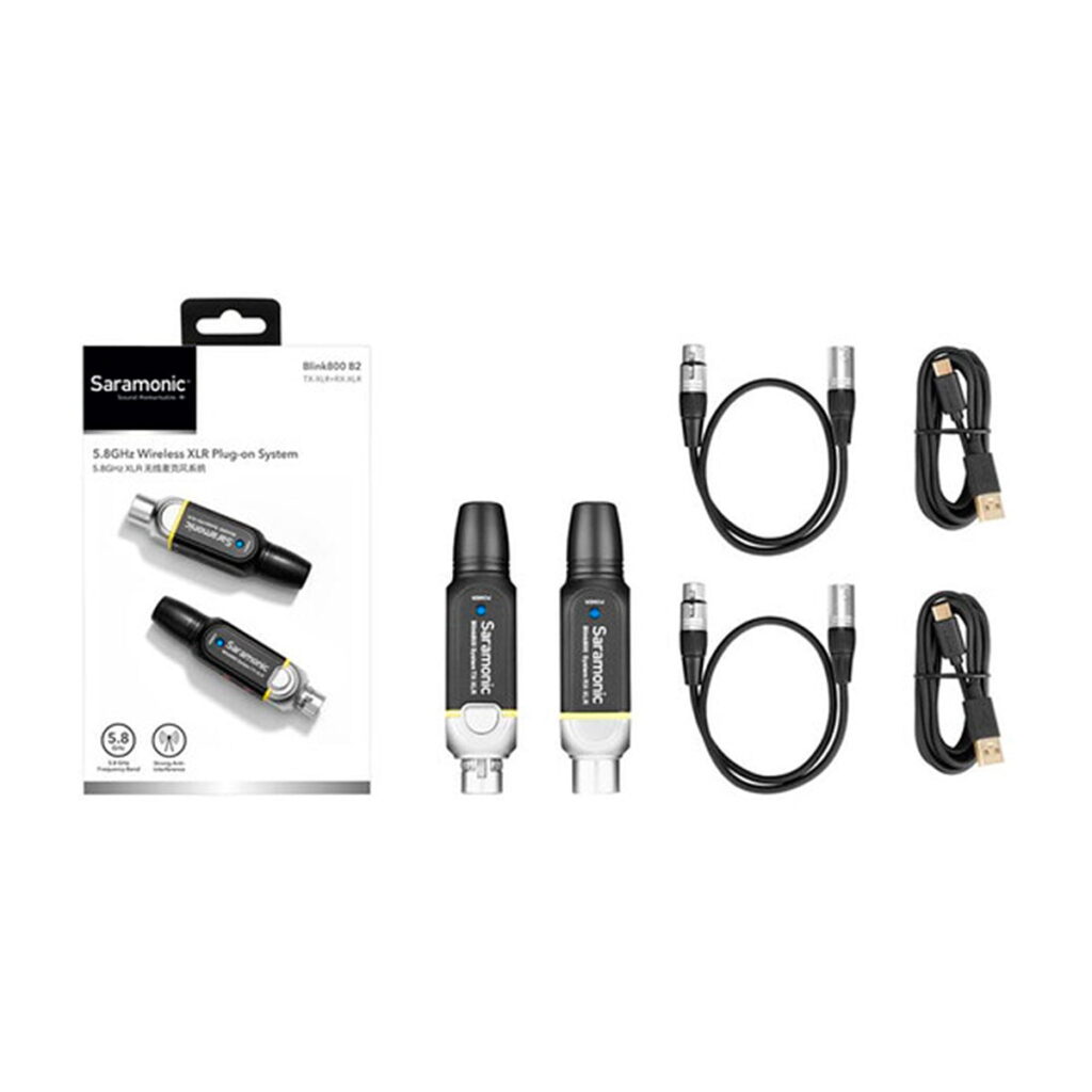 Saramonic_Blink_800_B2_5_8GHz_Wireless_XLR_System_002 Saramonic Blink 500 Pro B2 -langaton XLR-pistokkeellinen järjestelmä, kaksi lähetin/vastaanotinyksikköä, kaksi XLR-kaapelia ja kaksi USB-latauskaapelia näkyvät valkoisella pohjalla.