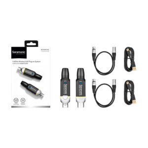Saramonic_Blink_800_B2_5_8GHz_Wireless_XLR_System_002 Saramonic Blink 500 Pro B2 -langaton XLR-pistokkeellinen järjestelmä, kaksi lähetin/vastaanotinyksikköä, kaksi XLR-kaapelia ja kaksi USB-latauskaapelia näkyvät valkoisella pohjalla.
