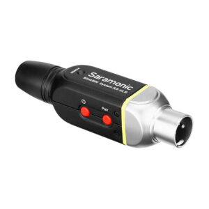 Saramonic_Blink_800_B2_5_8GHz_Wireless_XLR_System_006 Saramonic Blink 500 Pro B2 -langaton audiolähetin, jossa on musta ja hopeinen runko, kaksi punaista painiketta (Pair, On/Off), XLR-liitin ja yhteensopivuus Saramonic Blink 500 B1 -järjestelmien kanssa.