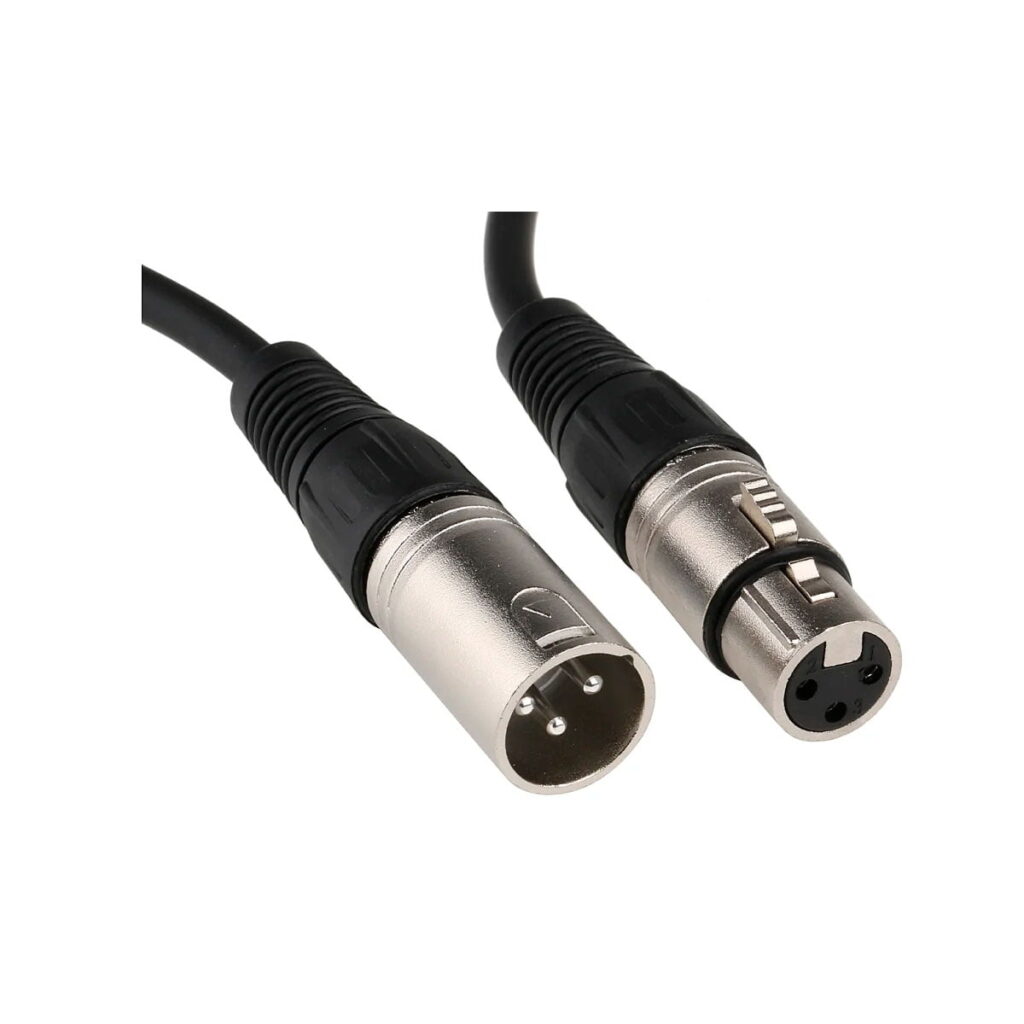 Boya_XLR-C5_001 The Boya XLR-C5 5 m cable is black, with silver three-pin XLR male and three-hole XLR female connectors, both with black plastic handles.