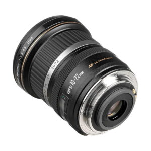 Canon_EF-S_10-22mm_f_3_5-4_5_USM_003 A Canon EF-S 10-22mm f/3.5-4.5 USM lens, black body and hopeful mounting ring, focal length markings and Ultrasonic logo visible, set diagonally on a white background.
