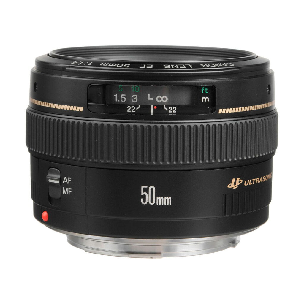 Canon_EF_50mm_f_1_4_USM_001 The Canon EF 50mm f/1.4 USM lens with focus distance markings, AF/MF switch and large focus ring is shown on a white background.