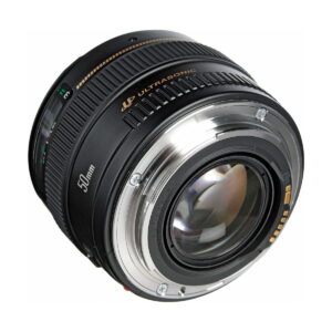 Canon_EF_50mm_f_1_4_USM_003 A close-up of the Canon EF 50mm f/1.4 USM lens highlights its metal lens mount, focus ring and the gold Ultrasonic logo on the black barrel.