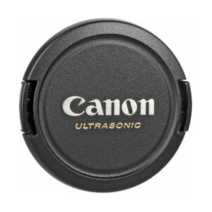 Canon_EF_50mm_f_1_4_USM_004 Black Canon EF 50mm f/1.4 USM lens hood with silver Canon logo and Ultrasonic text on a white background when viewed from above.