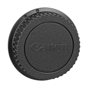 Canon_EF_50mm_f_1_4_USM_005 Close-up of the Canon EF 50mm f/1.4 USM lens hood with ridges and Canon logo in the centre, against a white background.