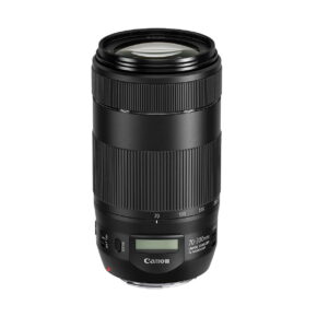 Canon_EF_70-300mm_f_4-5_6_IS_II_USM_001 The Canon EF 70-300mm f/4-5.6 IS II USM lens, in black with a textured grip, LCD screen and focus and zoom indicators, stands upright against a white background.