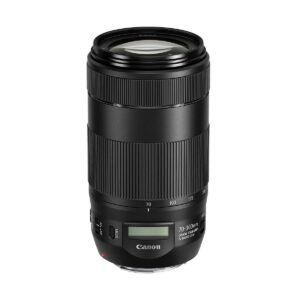 Canon_EF_70-300mm_f_4-5_6_IS_II_USM_001 The Canon EF 70-300mm f/4-5.6 IS II USM lens, in black with a textured grip, LCD screen and focus and zoom indicators, stands upright against a white background.