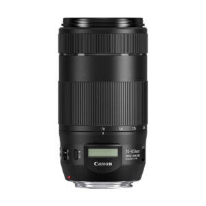 Canon_EF_70-300mm_f_4-5_6_IS_II_USM_002 The Canon EF 70-300mm f/4-5.6 IS II USM is a black camera lens with image stabilizer and digital display, shown against a white background.