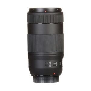 Canon_EF_70-300mm_f_4-5_6_IS_II_USM_004 The Canon EF 70-300mm f/4-5.6 IS II USM is a black camera zoom lens with textured grip rings and control dials, shown upright on a white background.