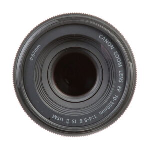 Canon_EF_70-300mm_f_4-5_6_IS_II_USM_005 A close-up of the Canon EF 70-300mm f/4-5.6 IS II USM lens from top to bottom clearly shows the glass, lens markings and the size of the 67mm filter element around the edge.