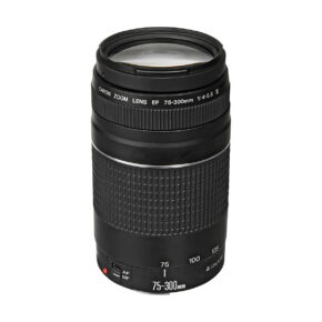 Canon_EF_75-300mm_f_4-5_6_III_001 The black Canon EF 75-300mm f/4-5.6 III lens stands upright against a white background, with its focus ring and zoom ring visible, as well as visible lens markings.