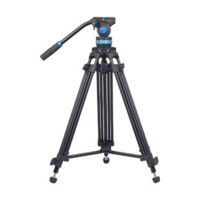 Sirui_SH-15_Video_Tripod_001 The Sirui SH-15 video tripod, with black and blue accents, has adjustable feet and a handle for smooth panning and is displayed on a white background.