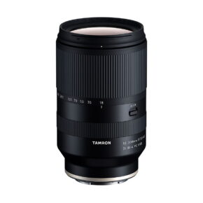 Tamron_18-300mm_f_3_5-6_3_Di_III-A_VC_VXD-Sony_E_001 The Tamron 18-300mm f/3.5-6.3 Di III-A VC VXD lens (Sony E) in black with separate focus and zoom rings, markings and lock switch is photographed vertically against a white background.
