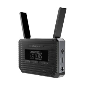 Accsoon_CineEye_2_001 The black Accsoon CineEye 2 5GHz WiFi Transmission HDMI features two vertical antennas, a brushed surface, a digital display and side ports for HDMI, USB-C and power.