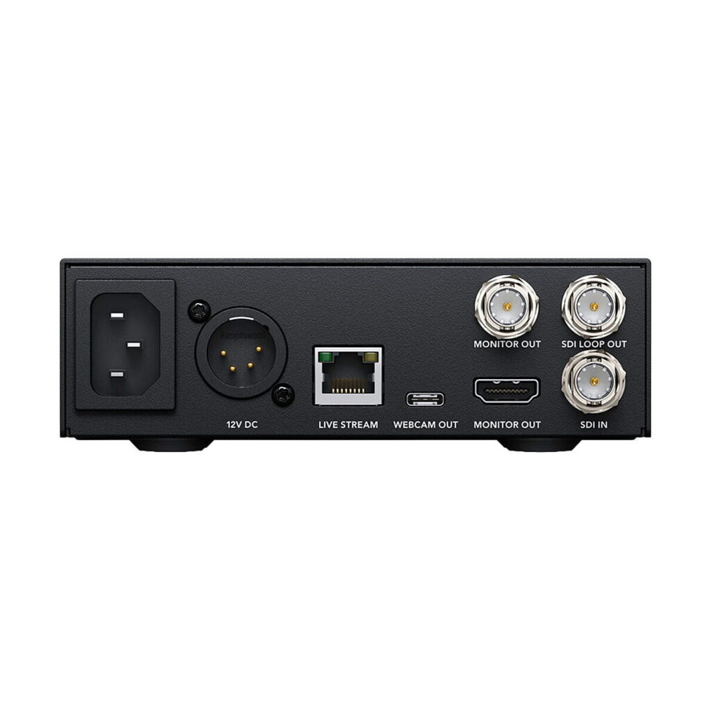 Black_Magic_Web_Presenter_HD_003 Blackmagic Design Web Presenter HD:n takanäkymä, jossa näkyvät portit: virtaliitin, XLR-liitin, Ethernet, USB-C, HDMI ja kolme BNC-liitintä, joissa on merkinnät Monitor Out, SDI Loop Out ja SDI In.