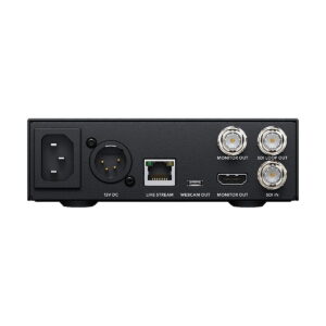Black_Magic_Web_Presenter_HD_003 Blackmagic Design Web Presenter HD:n takanäkymä, jossa näkyvät portit: virtaliitin, XLR-liitin, Ethernet, USB-C, HDMI ja kolme BNC-liitintä, joissa on merkinnät Monitor Out, SDI Loop Out ja SDI In.
