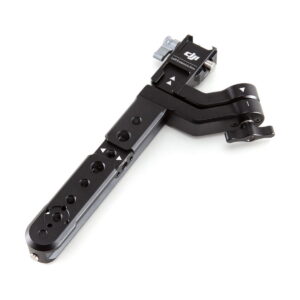 DJI-R-Twist-Grip-Dual-Handle-for-RS-2-RSC-2-02 The DJI R Twist Grip Dual Handle for RS 2 & RSC 2 is a black metal camera grip with multiple screw holes, adjustment points and the DJI logo near the top, designed for attaching accessories to camera rigs or gimbals.