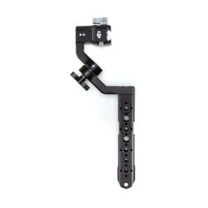 DJI-R-Twist-Grip-Dual-Handle-for-RS-2-RSC-2-03 The DJI R Twist Grip Dual Handle for RS 2 & RSC 2 is a black, L-shaped metal mounting bracket with multiple round holes and adjustment knobs designed for attaching accessories or equipment.
