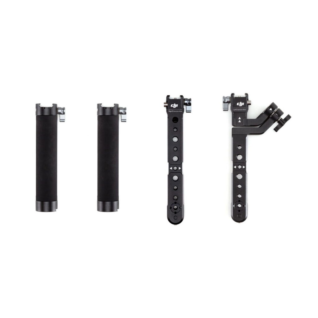 DJI-R-Twist-Grip-Dual-Handle-for-RS-2-RSC-2-05 Four DJI R Twist Grip Dual Handle accessories for the RS 2 and RSC 2, including two handles, a straight arm and an L-shaped bracket with the DJI logo, arranged in a row on a white background.
