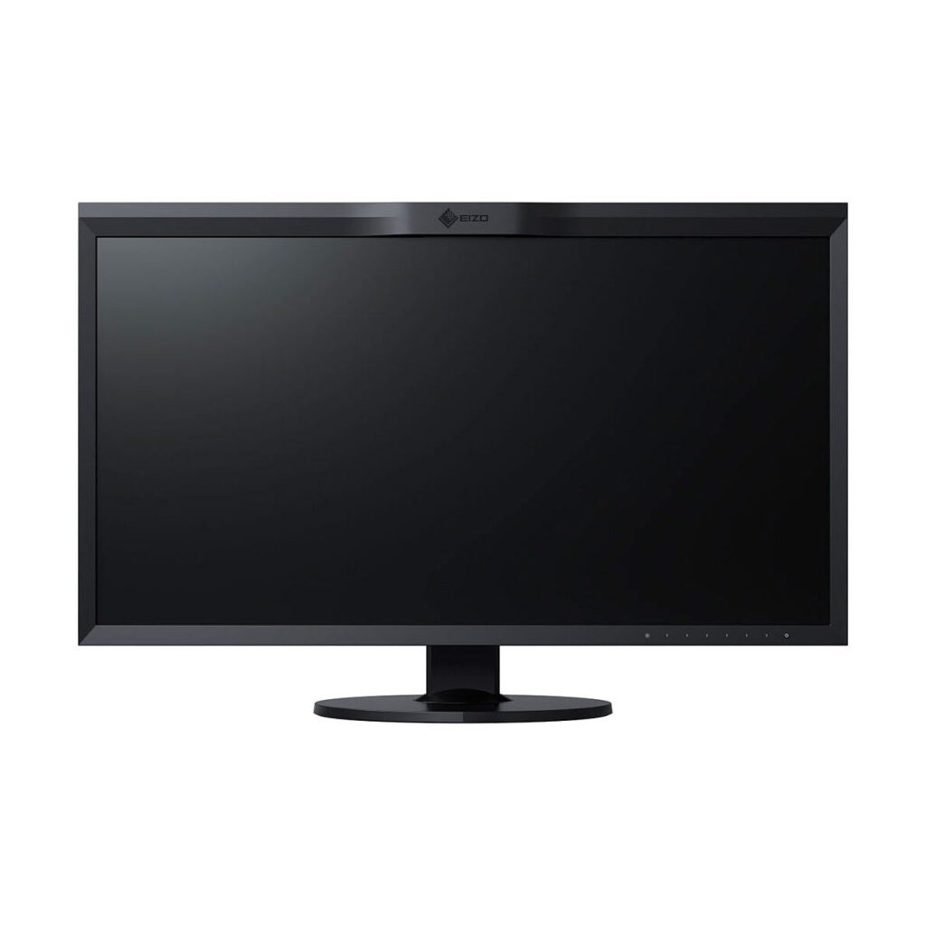 Eizo_31_1_ColorEdge_CG319X_17_9_Hardware_Calibration_IPS_Monitor_005 Eizo 31,1" ColorEdge CG319X 17:9 Hardware Calibration IPS -näyttö on musta litteä näyttö, jossa on ohuet kehykset ja pyöreä pohja valkoista taustaa vasten.