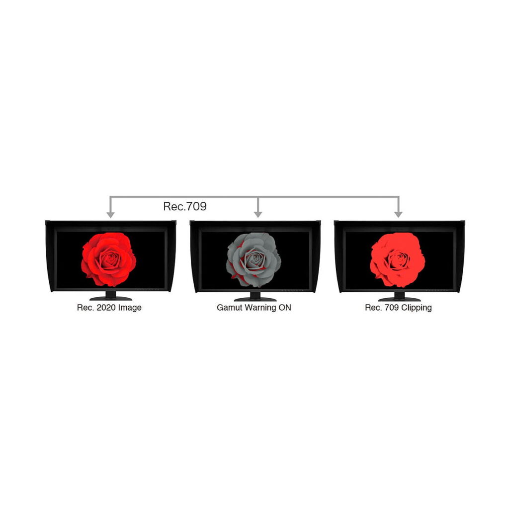 Eizo_31_1_ColorEdge_CG319X_17_9_Hardware_Calibration_IPS_Monitor_014 Eizo 31,1" ColorEdge CG319X -näytössä kolme laatikkoa näyttää ruusuja: vasen (elävä punainen, Rec. 2020), keskimmäinen (harmaa, Gamut Warning ON), oikea (vähemmän elävä, Rec. 709 Clipping). Nuolet korostavat Rec. 709 gamutin rajoittamia värejä.