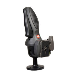 Manfrotto Joystick 324RC2 -kuulapää on musta, ergonominen kamerakiinnike, jossa on kuvioitu kahva, säädettävä kiinnike, pyöreä jalusta ja punainen pyöreä logo lähellä kahvaa valkoisella pohjalla.
