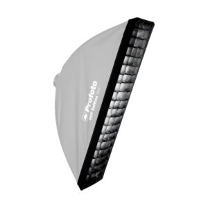 Profoto_OFC_Softgrid_1_x_4_Stripille_002 Profoto OFC Softgrid 1 x 4 Strip with grating attached is shown diagonally. The softbox is white and black with the Profoto logo and model name on the side, and the grating covers the front.