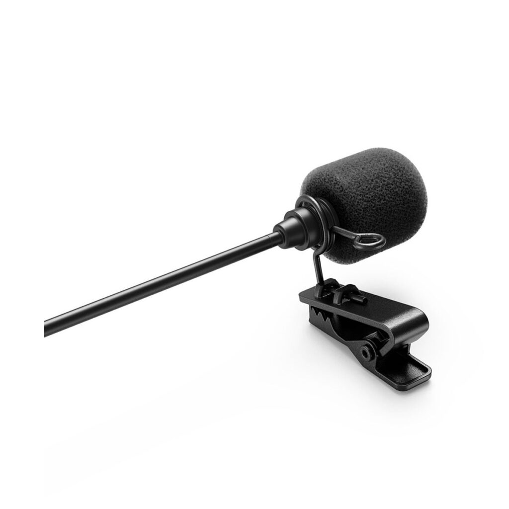 SmallRig_3467_Forevala_L20_Lavalier_Microphone_004 SmallRig 3467 Forevala L20 Lavalier-mikrofoni, jossa on musta muotoilu, vaahtomuovinen tuulisuoja ja klipsi vaatteiden kiinnittämistä varten, näkyy valkoisella pohjalla.