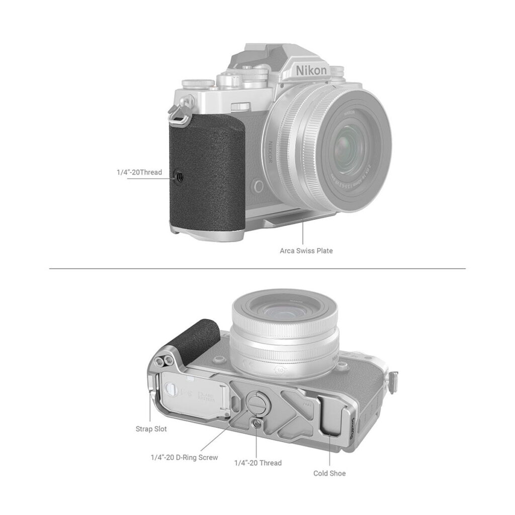 SmallRig_3480_L-Shape_Grip_For_Nikon_Z_fc_Camera_003 Kaavio SmallRig 3480 L-muotoisesta kahvasta asennettuna Nikon Z fc -kameraan. Yläkuvassa korostuu 1/4-20-kierre ja alakuvassa hihna-aukko, 1/4-20-ruuvi, 1/4-20-kierre ja kylmäkenkä.