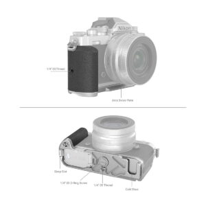 SmallRig_3480_L-Shape_Grip_For_Nikon_Z_fc_Camera_003 Kaavio SmallRig 3480 L-muotoisesta kahvasta asennettuna Nikon Z fc -kameraan. Yläkuvassa korostuu 1/4-20-kierre ja alakuvassa hihna-aukko, 1/4-20-ruuvi, 1/4-20-kierre ja kylmäkenkä.