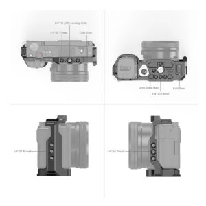 SmallRig_3531_Cage_for_Sony_ZV-E10_004 Kaavio, jossa näkyy SmallRig Cage for Sony ZV-E10 3531 asennettuna kameraan ja jossa korostuvat 1/4-20 ja 3/8-16 kierteet, ARRI-paikannusreikä, Arca Swiss -levy ja cold shoe -kiinnikkeet useista eri kulmista.