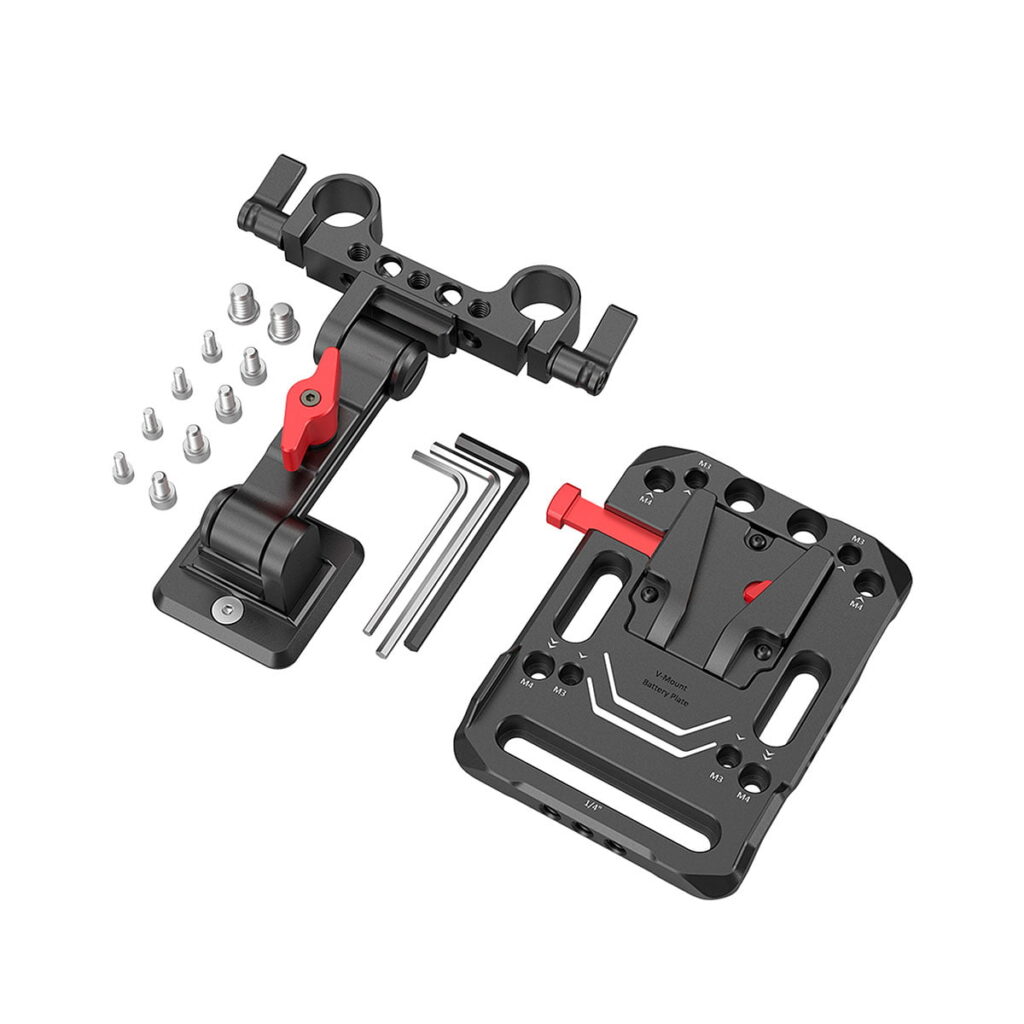 SmallRig_V_Mount_Battery_Plate_with_Adjustable_Arm_2991_003 SmallRig 2991 V-Mount Battery Plate Kit sisältää mustan ja punaisen pikakiinnityslevyn, säädettävän varren, ruuvit ja kaksi kuusiokoloavainta, jotka kaikki näkyvät valkoisella pohjalla.