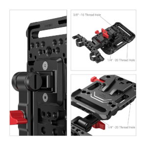 SmallRig_V_Mount_Battery_Plate_with_Adjustable_Arm_2991_004 Lähikuva SmallRig 2991 V-Mount Battery Plate with Adjustable Arm -akkulevystä, joka on mustaa metallia punaisilla korostuksilla ja jossa on useita 1/4-20- ja 3/8-16-kierteisiä reikiä; kaksi inserttiä korostaa eri ruuvinreikien paikkoja.