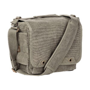 Think Tank Retrospective 10 V2.0 - Pinestone is a khaki canvas messenger bag with flap closure, adjustable shoulder strap, metal grommets and multiple compartments on a white background.