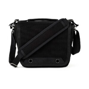 Think_Tank_Retrospective_4_V2_0-Musta_002 Think Tank Retrospective 4 V2.0 - Black is a black messenger bag with top handle, adjustable shoulder strap, front flap with two metal grommets at the bottom, and textured fabric trim.