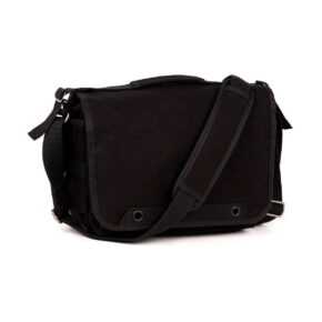 Think_Tank_Retrospective_7_V2_0-Musta_001 Think Tank Retrospective 7 V2.0 - Black is a black canvas messenger bag with front flap, adjustable shoulder strap and metal buckles, shown in white.